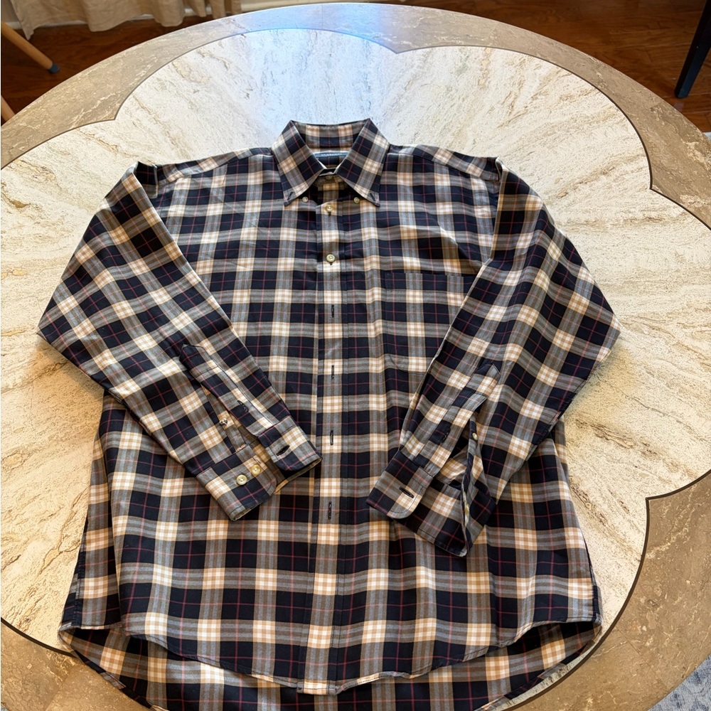 Burberry Men's Plaid Shirt - Navy, White, and Beige w/ Pocket